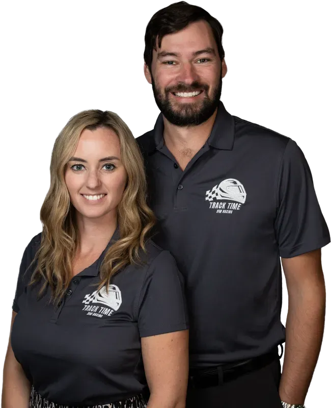 Brandon and Brianna, founders of Track Time Sim Racing, wearing branded polo shirts