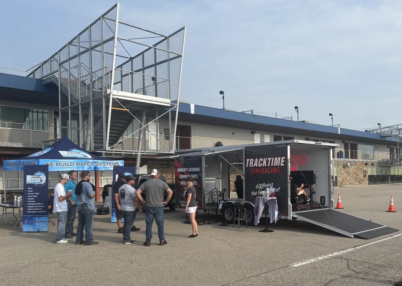 The trailer set up with a crowd outside the grandstands at Michigan International Speedway