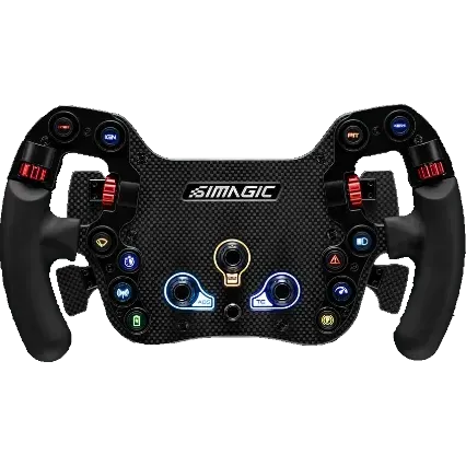 Formula-style carbon fiber steering wheel with paddle shifters and button clusters